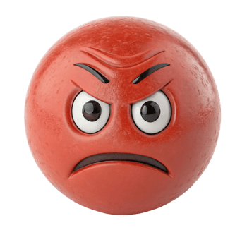 3D Render of an Angry Red Emoticon Ball with Frowning Face and Furrowed Eyebrows png