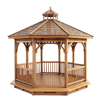 Octagonal Wooden Gazebo with Shingle Roof and Wooden Railings for Garden or Backyard png