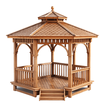 Beautiful Wooden Hexagonal Gazebo with Shingle Roof and Steps png