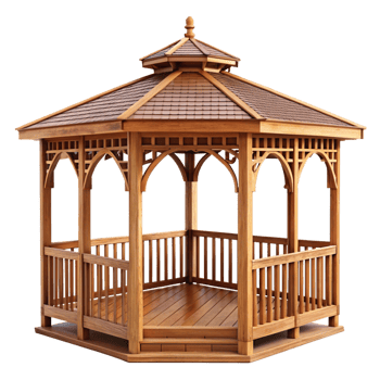 Elegant Wooden Octagonal Gazebo with Shingle Roof and Detailed Carpentry png