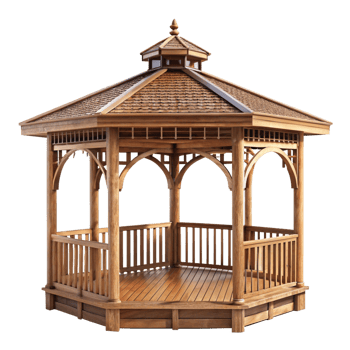 Hexagonal Wooden Gazebo with Shingle Roof and Elegant Design for Garden or Backyard png