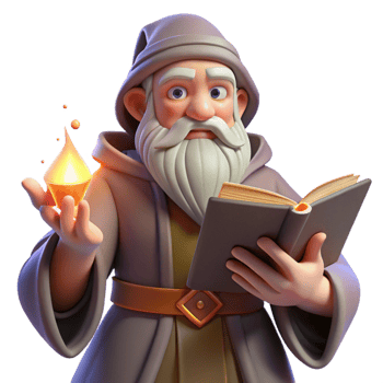 serene creative A wise old wizard with a long white beard and twinkling eyes, holding a glowing spellbook, warm firelight, classic fantasy style professional png