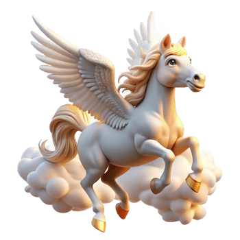 serene modern A graceful pegasus with feathered wings and flowing white mane, soaring through the clouds, illuminated by the warm sunlight. Classical mythology style authentic png