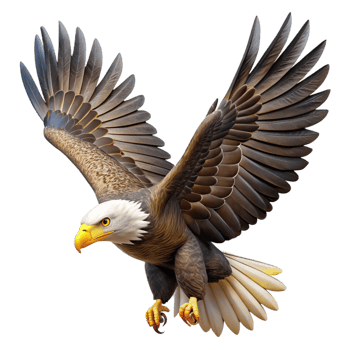 impressive artistic A majestic bald eagle soaring through the sky, powerful wings, sharp talons, realistic rendering, freedom theme, professional png