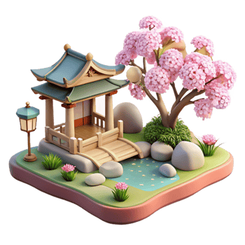 magnificent abstract A tranquil Japanese garden with a koi pond, cherry blossoms in bloom, serene atmosphere, soft lighting, premium png