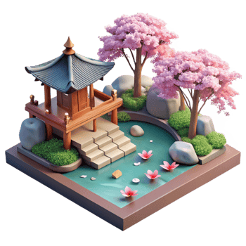 elegant traditional A tranquil Japanese garden with a koi pond, cherry blossoms in bloom, serene atmosphere, soft lighting, high resolution png