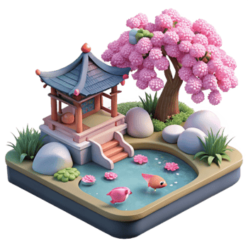 magnificent traditional A tranquil Japanese garden with a koi pond, cherry blossoms in bloom, serene atmosphere, soft lighting, original png