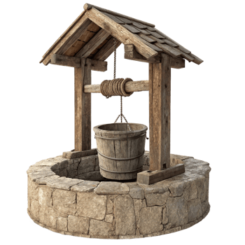 Rustic Wooden Well with Stone Surround and Hanging Bucket png