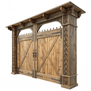 Ornate Wooden Double Gate with Intricate Carvings and Metal Accents png