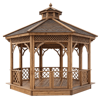 Octagonal Wooden Gazebo with Intricate Lattice and Shingle Roof for Garden Relaxation png