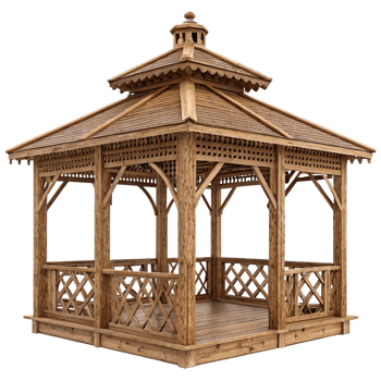 Elegant Wooden Gazebo with Intricate Lattice Detailing and Decorative Roof png