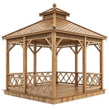 Elegant Wooden Gazebo with Intricate Lattice and XDesign Railings for Garden Relaxation png