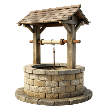 A Rustic Wooden and Stone Wishing Well with a Shingle Roof png