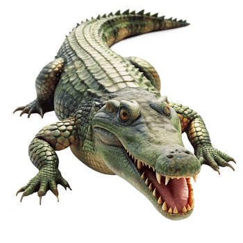 A detailed 3D rendering of a massive green crocodile with sharp teeth and textured skin png