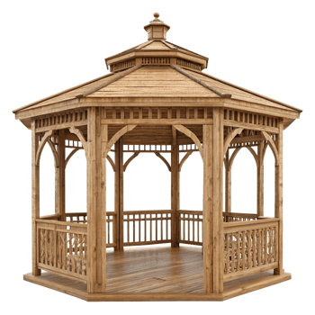 Octagonal Wooden Gazebo with intricate details and a natural wood finish png
