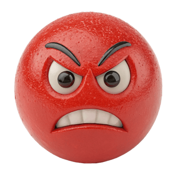 A 3D Render of an Angry Red Emoticon Ball with Frowning Face and Glaring Eyes png