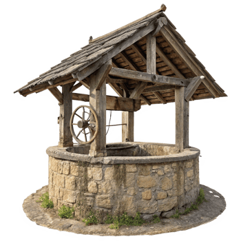 Ancient Stone Well with Wooden AFrame Structure and Wheel png