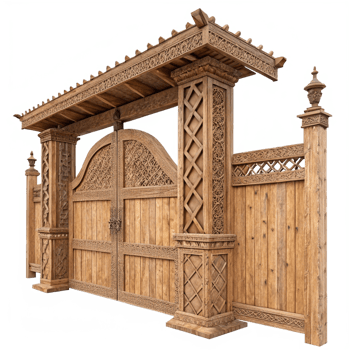 Wooden Gate with Intricate Carvings and Architectural Details png