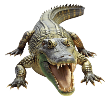 A detailed closeup of a ferocious alligator displaying its sharp teeth and powerful claws png