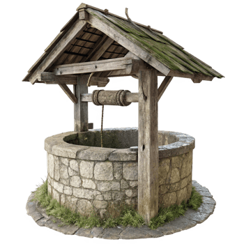 Ancient Stone Well with Wooden Cover and Weathered Roof png