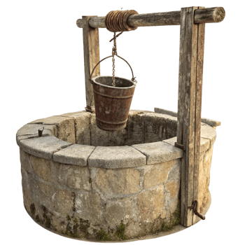 Ancient Stone Well with Rusty Bucket and Wooden Pulley System png