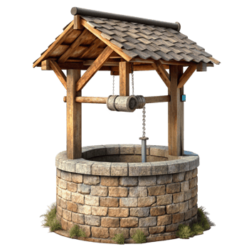 Rustic Wooden Well with Stone Structure and Shingle Roof png