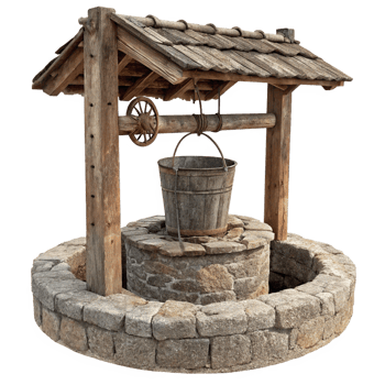 Rustic Old Wooden Well with Stone Wellhead and Bucket png