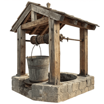 Rustic Wooden Well with Weathered Bucket and Stone Base in a Countryside Setting png