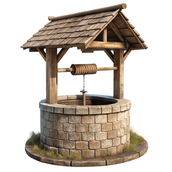 A Rustic Wooden and Stone Wishing Well with a Shingle Roof and Grass Surround png