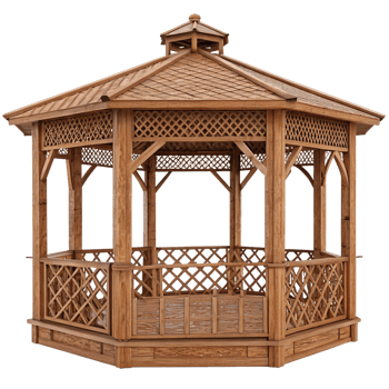 Octagonal Wooden Gazebo with Lattice Detailing and a Conical Roof png