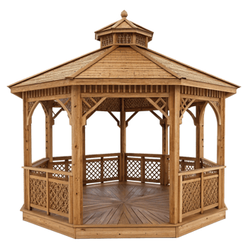 Octagonal Wooden Gazebo with Intricate Latticework and Elegant Roof Design png