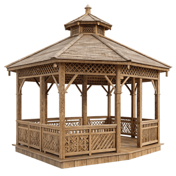 Elegant Wooden Gazebo with Intricate Latticework and Shingle Roof for Garden Relaxation png
