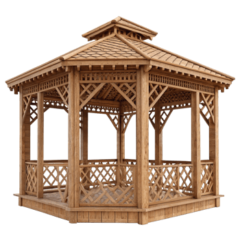 Hexagonal Wooden Gazebo with Intricate Latticework and Shingle Roof png