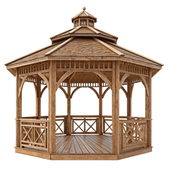 Elegant Wooden Gazebo with Ornate Details and Wooden Roof for Garden or Backyard png