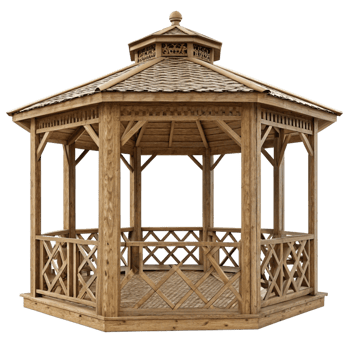 Elegant Octagonal Wooden Gazebo with Intricate Details for Garden or Backyard png