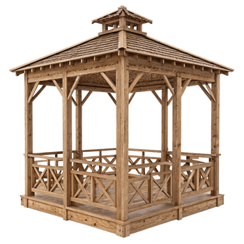 Rustic Wooden Gazebo with XPattern Railing and Shingle Roof for Garden Relaxation png