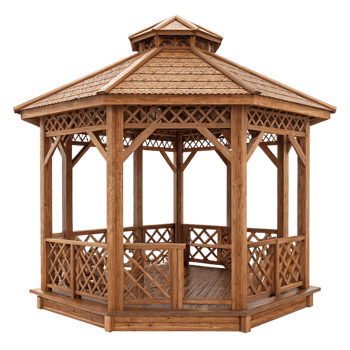 A beautiful hexagonal wooden gazebo with intricate lattice details and a shingled roof png