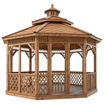 Rustic Wooden Gazebo with Intricate Lattice Detailing and Stained Glass Accents png