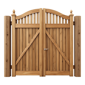 Elegant Wooden Double Gate with Arched Top and Metal Handle png