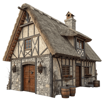 A charming thatchedroof cottage with stone walls and wooden accents png