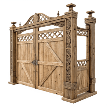 Ornate Wooden Gate Double Door Entrance with Intricate Carving and Lattice Detail png