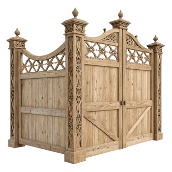 Ornate Wooden Garden Gate with Intricate Carving and Double Doors png