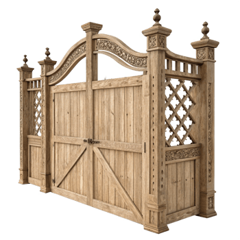 Ornate Wooden Gate with Intricate Carvings and Lattice Detailing png