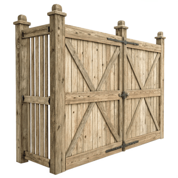 Rustic Wooden Gate with XDesign and Metal Hinges for Farm House or Ranch Entrance png