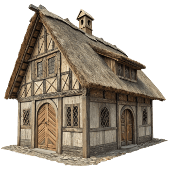 Ancient Medieval Cottage with Thatched Roof and Wooden Frame Structure png