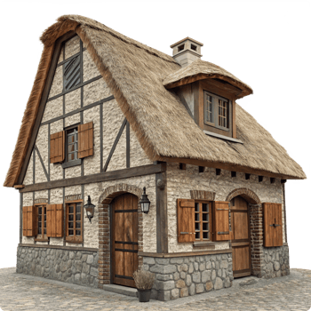 Charming Rustic Cottage with Thatch Roof and Stone Facade png