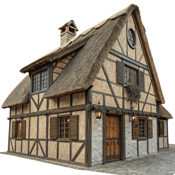 Charming Old European Style Cottage with Thatched Roof and Timber Frame png