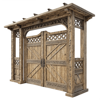 Ornate Wooden Gate with Intricate Carvings and a Decorative Top png