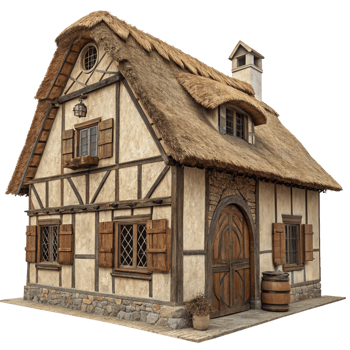 Medieval Style Thatched Cottage with Wooden Frame and Stone Base png