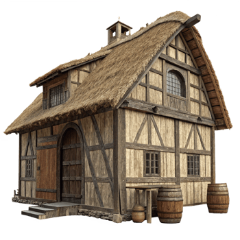Medieval Cottage with Thatched Roof and Wooden Barrels png